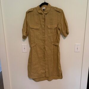 Stile Benetton Linen Utility Shirt Dress Tan Safari Button Front Short Sleeve